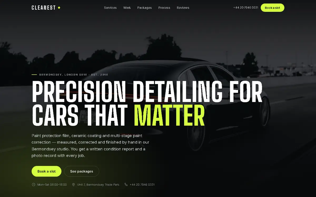 A website built for car detailing studios — CLEANEST